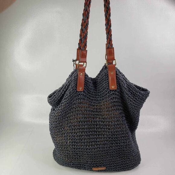 Tommy Hilfiger Handbags - Tommy Bahama Women's Navy Blue Crochet Leather Braided Handle Shoulder Bag